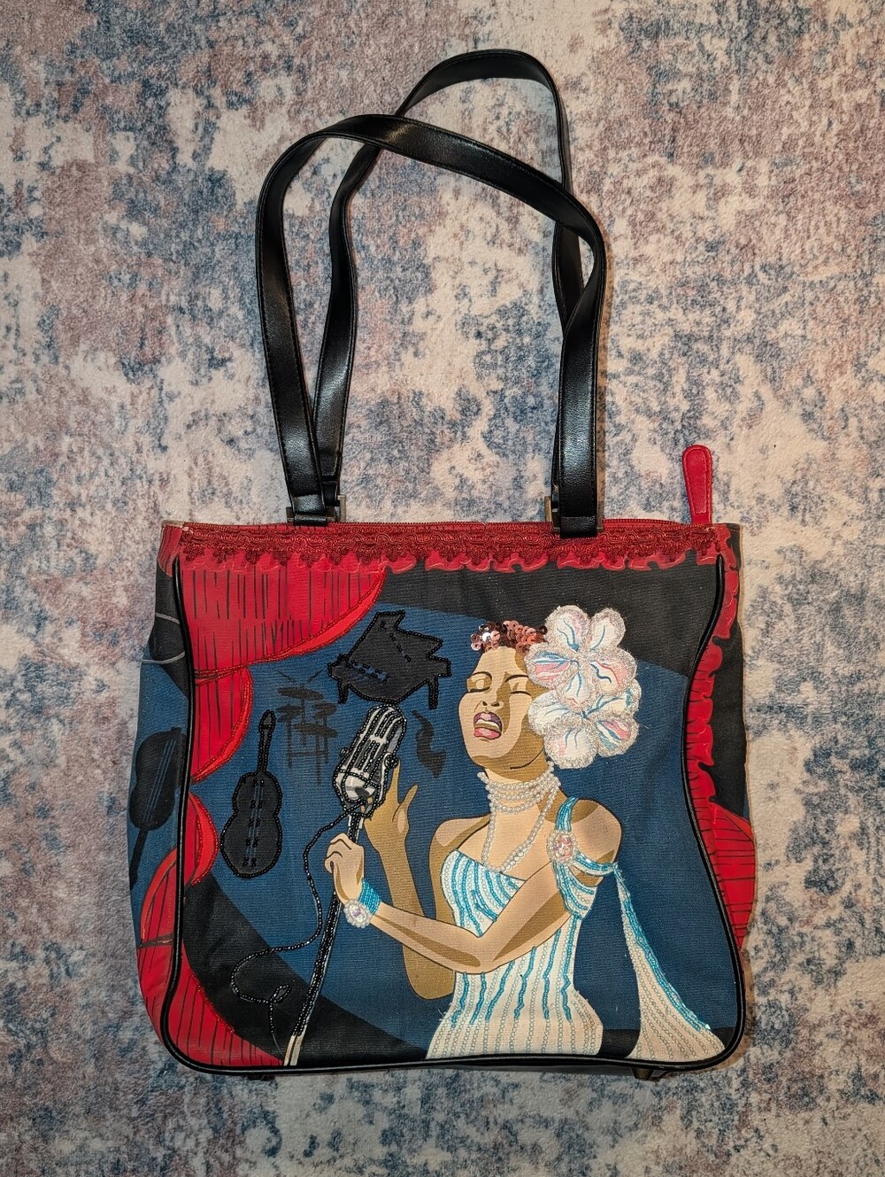 Vintage Blue Jazz Singer Beaded Tote Bag